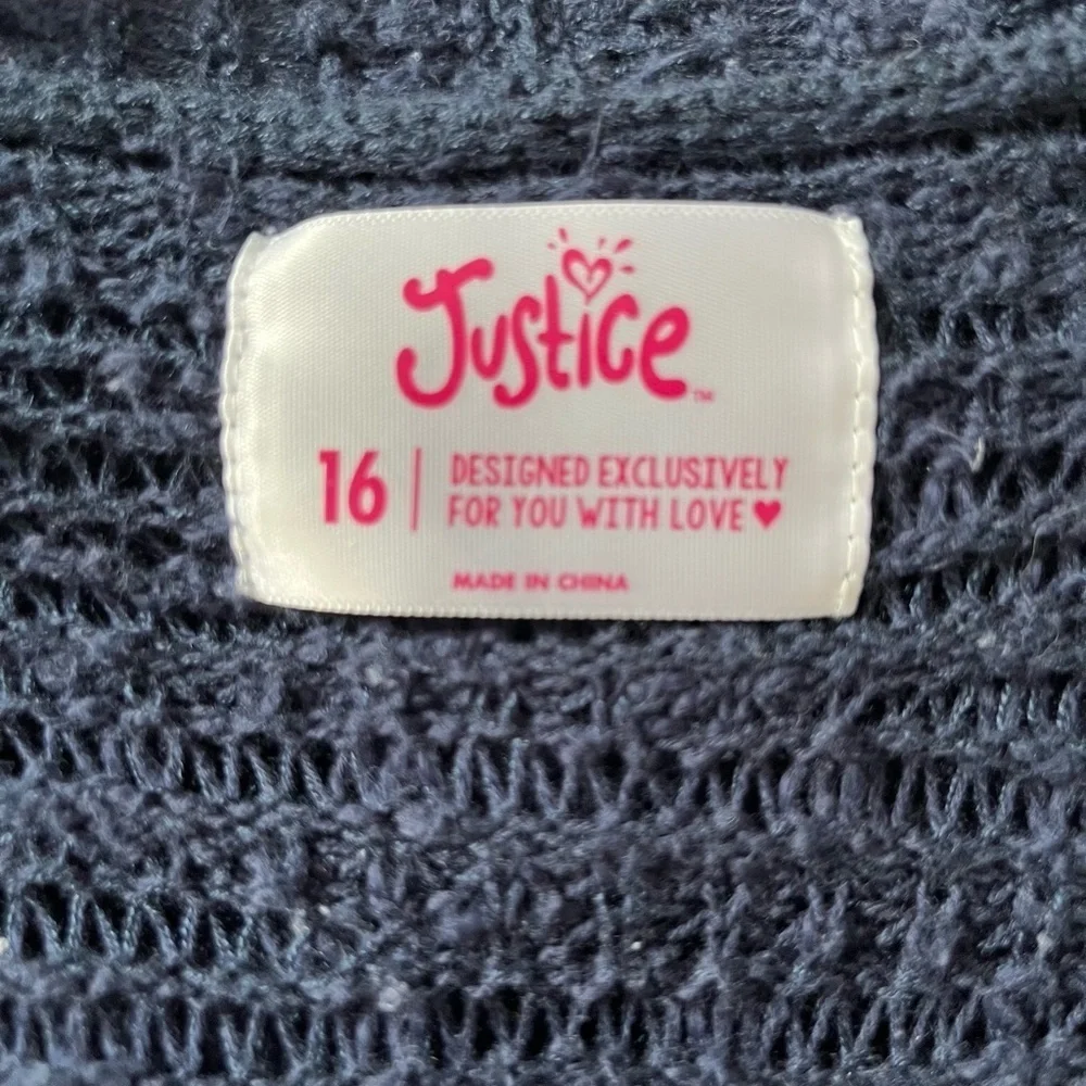 Justice navy blue/white long sleeve extra long cardigan sweater size girls 16 - Picture 2 of 2